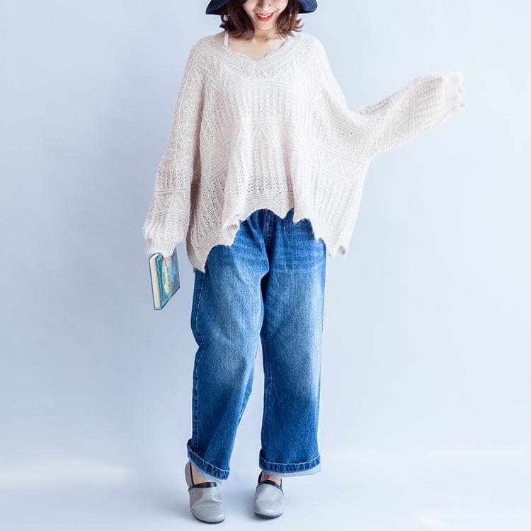 beige white fashion knit sweaters plus size casual ruffles sweater NTP171028