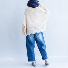 beige white fashion knit sweaters plus size casual ruffles sweater NTP171028
