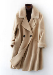 boutique beige Woolen Coats oversize medium length jackets fur collar coat double breast TCT190821