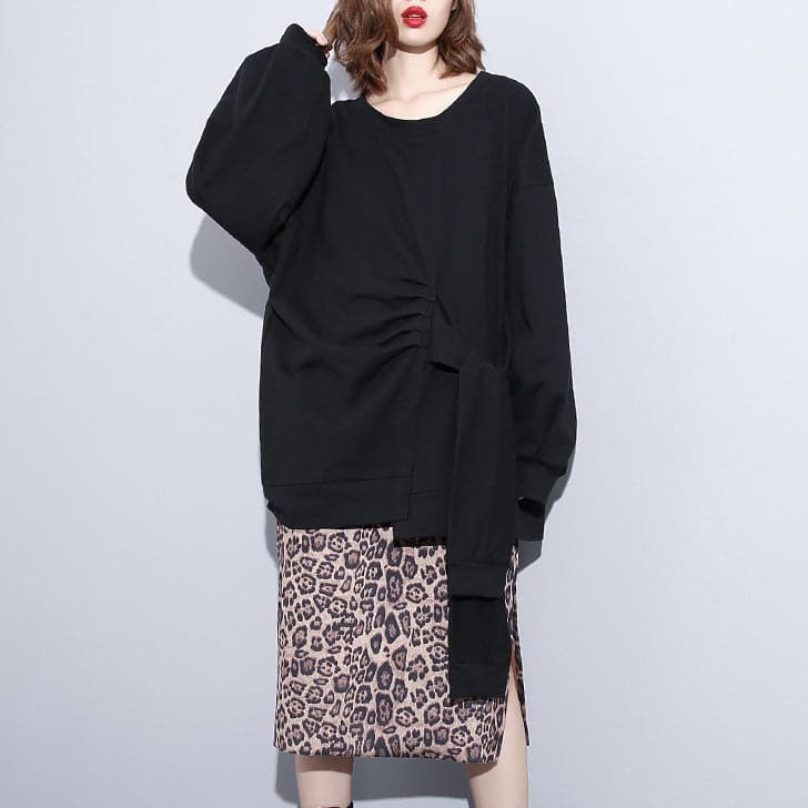 boutique black t shirt plus size clothing O neck Cinched t shirts New tie waist asymmetrical natural pullover AT-LTP181010