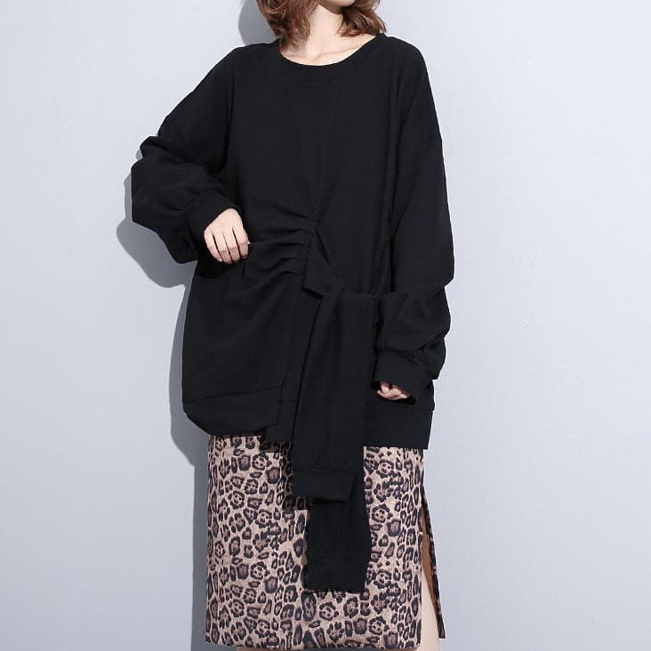 boutique black t shirt plus size clothing O neck Cinched t shirts New tie waist asymmetrical natural pullover AT-LTP181010