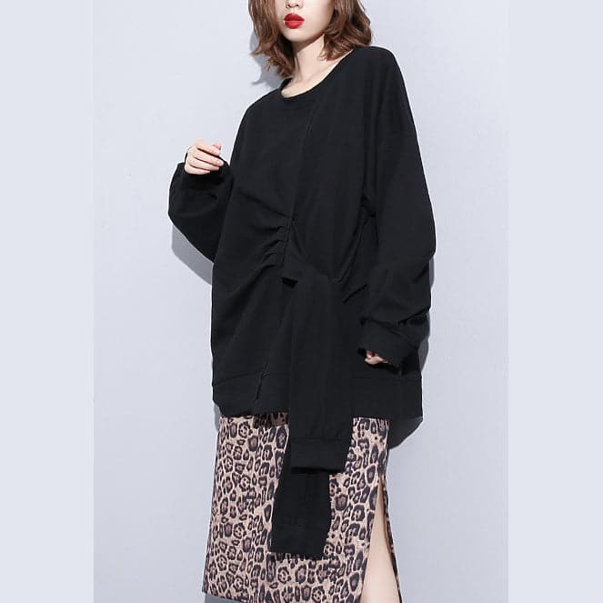 boutique black t shirt plus size clothing O neck Cinched t shirts New tie waist asymmetrical natural pullover AT-LTP181010
