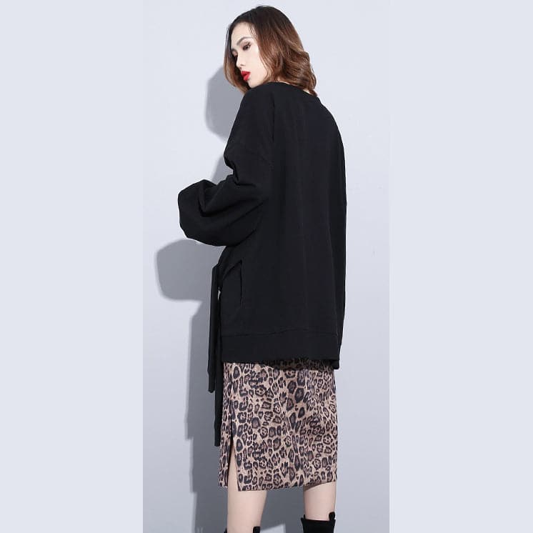 boutique black t shirt plus size clothing O neck Cinched t shirts New tie waist asymmetrical natural pullover AT-LTP181010