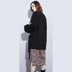 boutique black t shirt plus size clothing O neck Cinched t shirts New tie waist asymmetrical natural pullover AT-LTP181010