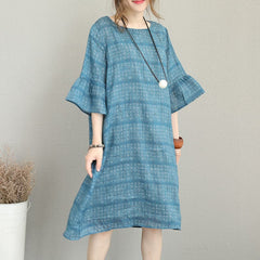 boutique blue pure linen dresses trendy plus size linen maxi dress Elegant o neck flare sleeve linen dresses SDM180727