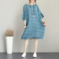 boutique blue pure linen dresses trendy plus size linen maxi dress Elegant o neck flare sleeve linen dresses SDM180727