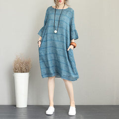 boutique blue pure linen dresses trendy plus size linen maxi dress Elegant o neck flare sleeve linen dresses SDM180727
