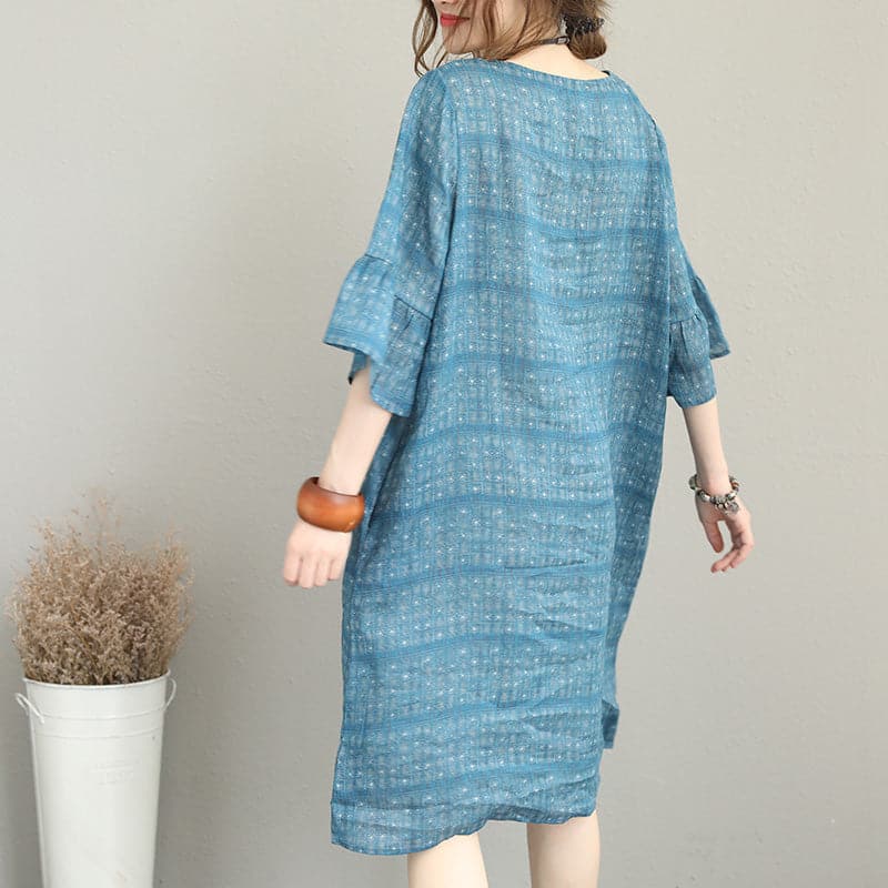 boutique blue pure linen dresses trendy plus size linen maxi dress Elegant o neck flare sleeve linen dresses SDM180727