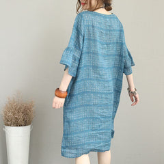 boutique blue pure linen dresses trendy plus size linen maxi dress Elegant o neck flare sleeve linen dresses SDM180727