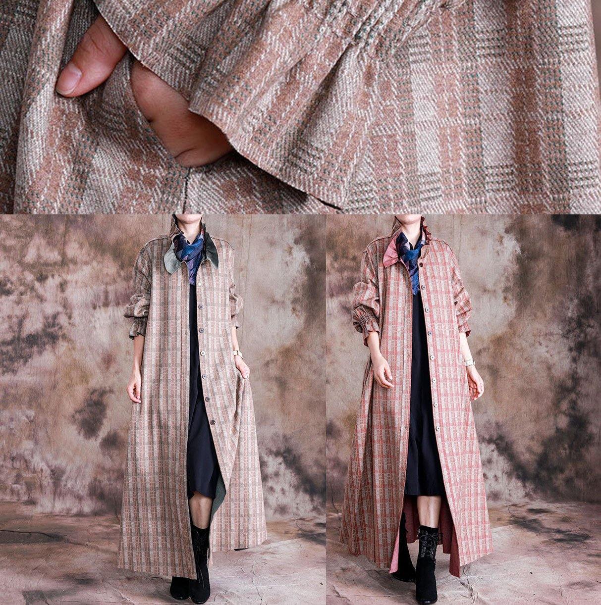 boutique plus size long coat fall woolen outwear khaki plaid Cinched wool coat for woman TCT190910