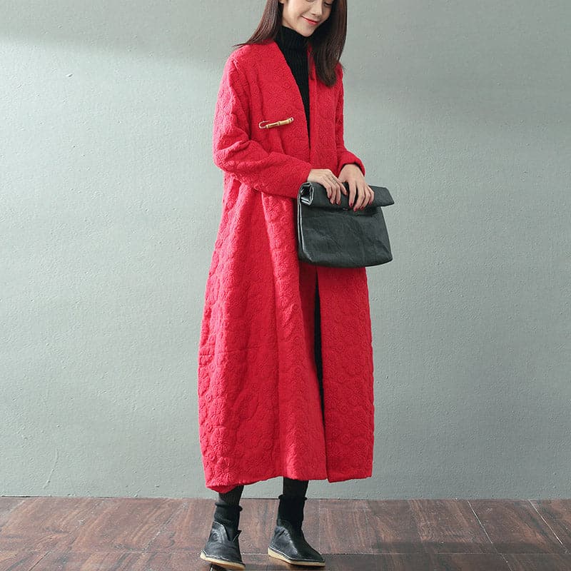boutique red maxi coat trendy plus size V neck baggy Coats fine Jacquard wool coat TCT180921