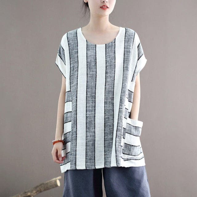 Cotton and Linen Oversized Striped T-Shirt dylinoshop