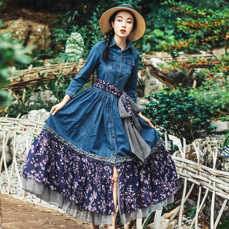 Floral Patchwork Denim Dress | Mandala dylinoshop