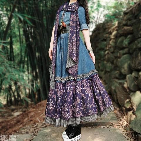 Floral Patchwork Denim Dress | Mandala dylinoshop