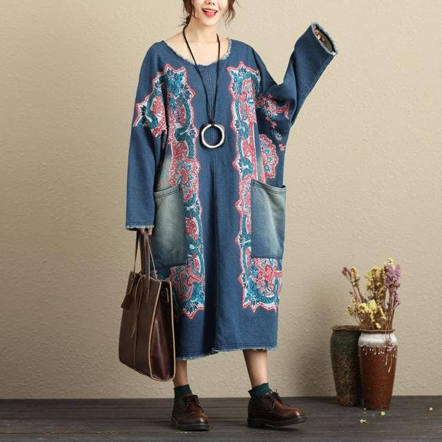 Flash Patchwork Denim Dress With Large Pockets dylinoshop