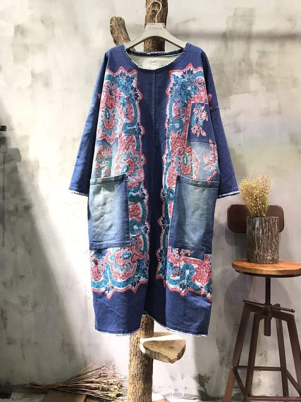 Flash Patchwork Denim Dress With Large Pockets dylinoshop