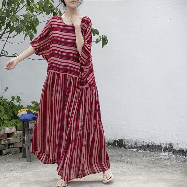 Red Stripes Cotton Maxi Dress | Lotus Buddha Trends