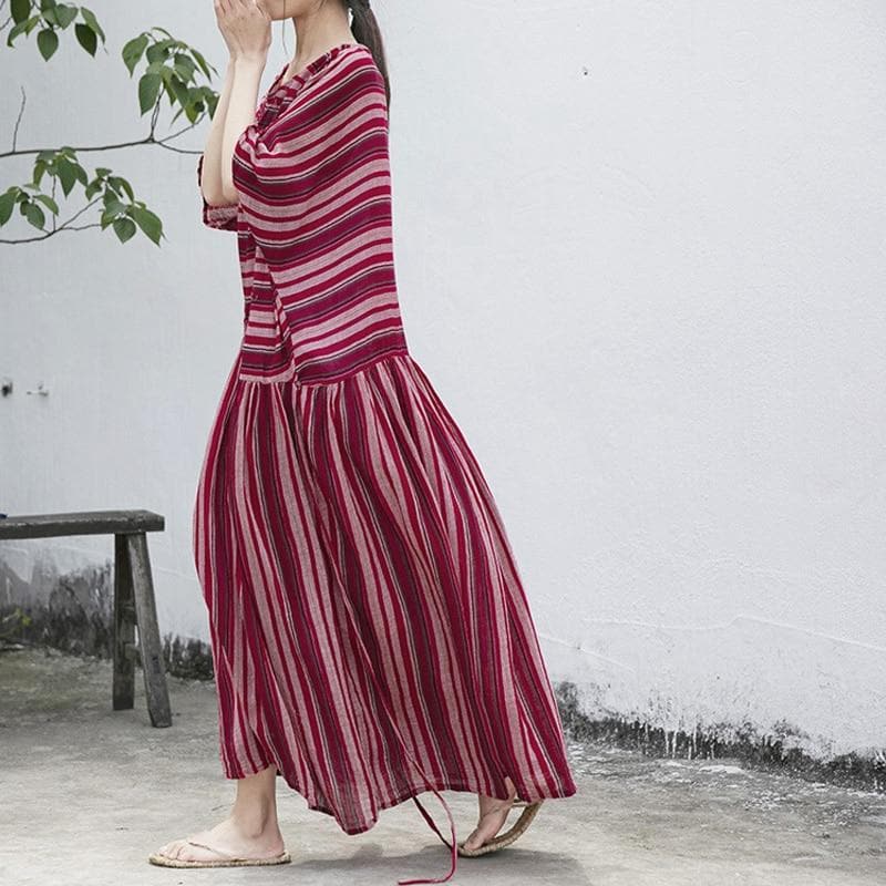 Red Stripes Cotton Maxi Dress | Lotus Buddha Trends
