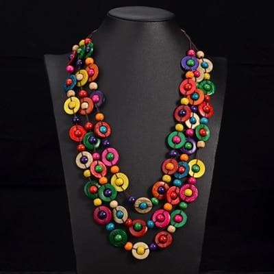 Boho Rainbow Wood Beads Statement Necklace dylinoshop