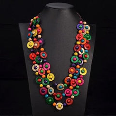 Boho Rainbow Wood Beads Statement Necklace dylinoshop