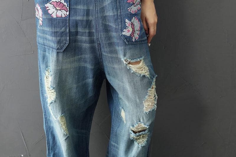 Loose Plus Size Floral Denim Overall dylinoshop