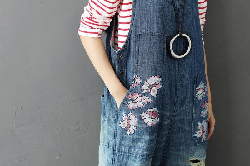 Loose Plus Size Floral Denim Overall dylinoshop
