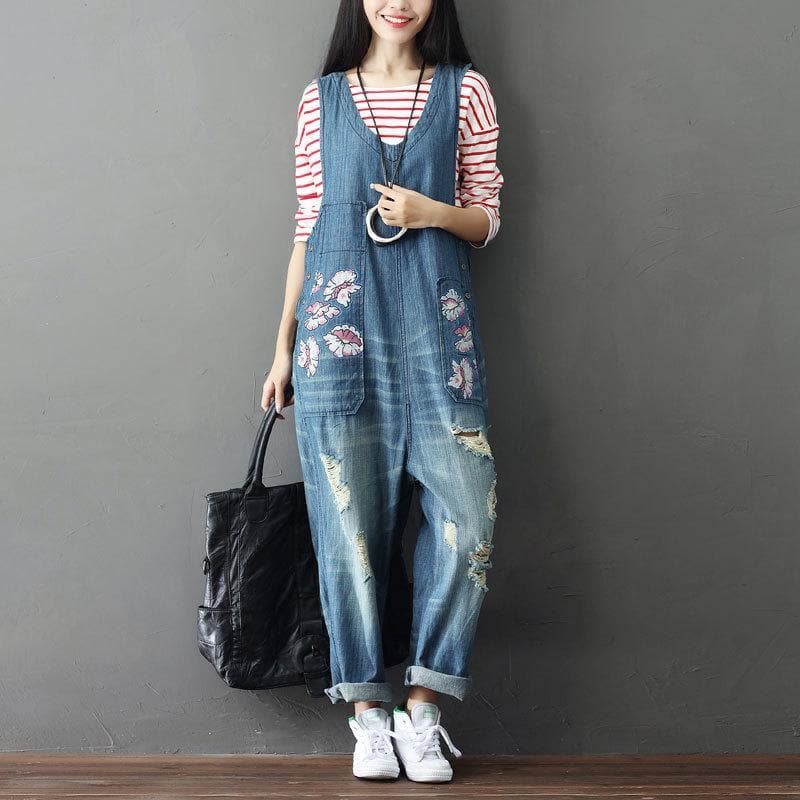 Loose Plus Size Floral Denim Overall dylinoshop