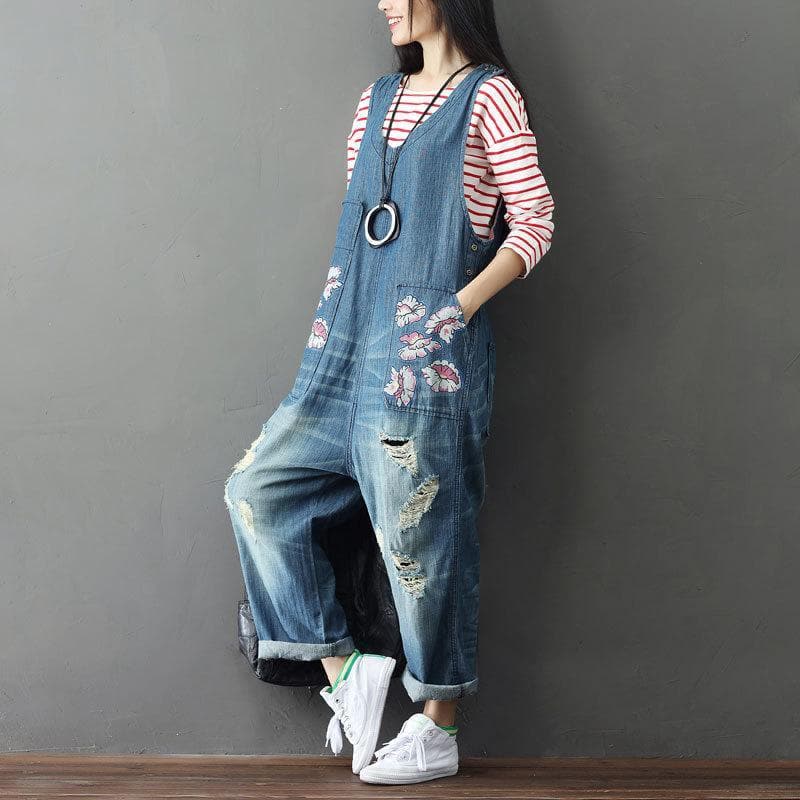 Loose Plus Size Floral Denim Overall dylinoshop