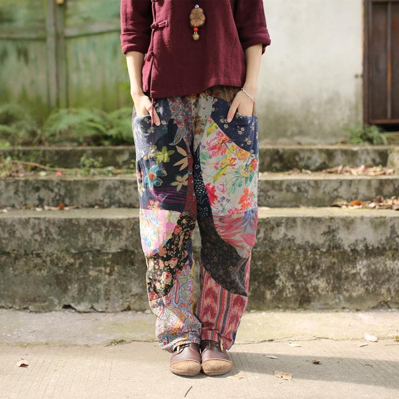 Floral Patchwork Linen Hippie Pants dylinoshop