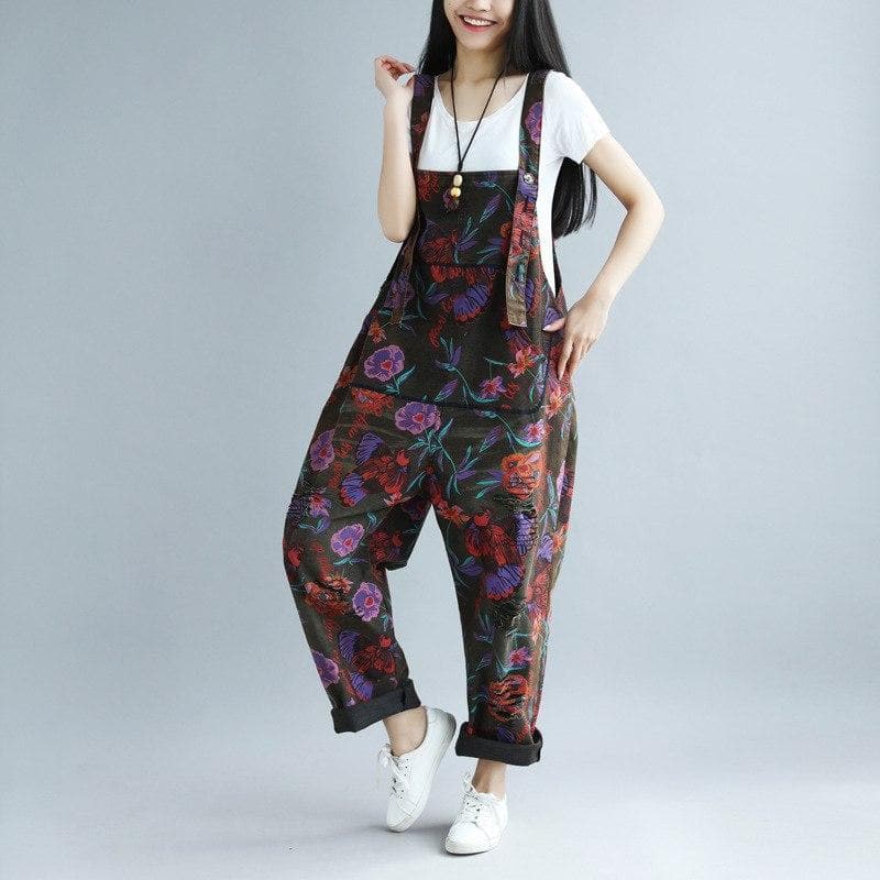 Floral Printed Loose Denim Overall dylinoshop