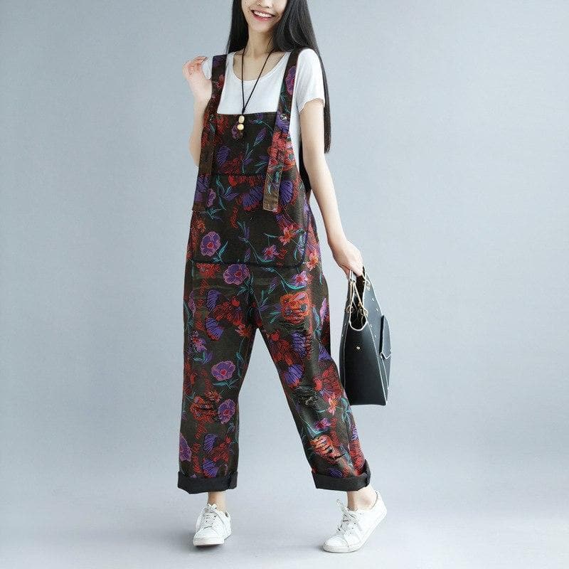 Floral Printed Loose Denim Overall dylinoshop