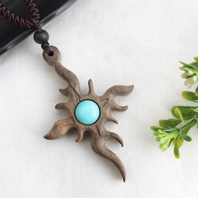 Abstract Sun Vintage Sandalwood Pendant Necklace DYLINOSHOP