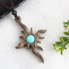 Abstract Sun Vintage Sandalwood Pendant Necklace DYLINOSHOP