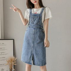 Preppy Knee-Length Denim Overall Dress Buddha Trends