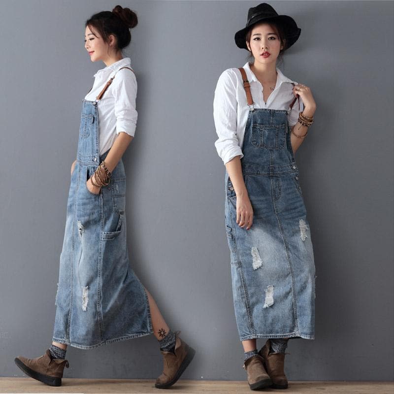 Ripped Denim Overall Dress Buddha Trends