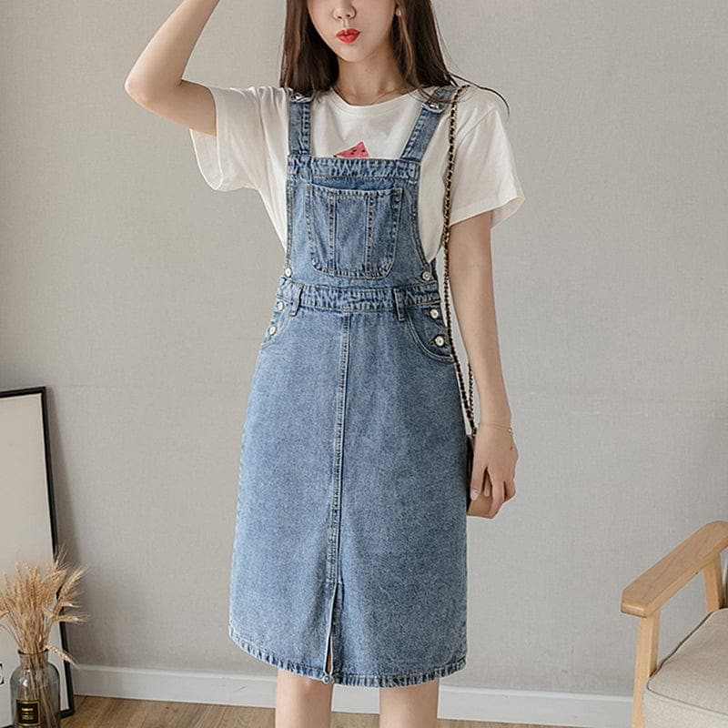 Preppy Knee-Length Denim Overall Dress Buddha Trends