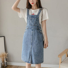 Preppy Knee-Length Denim Overall Dress Buddha Trends