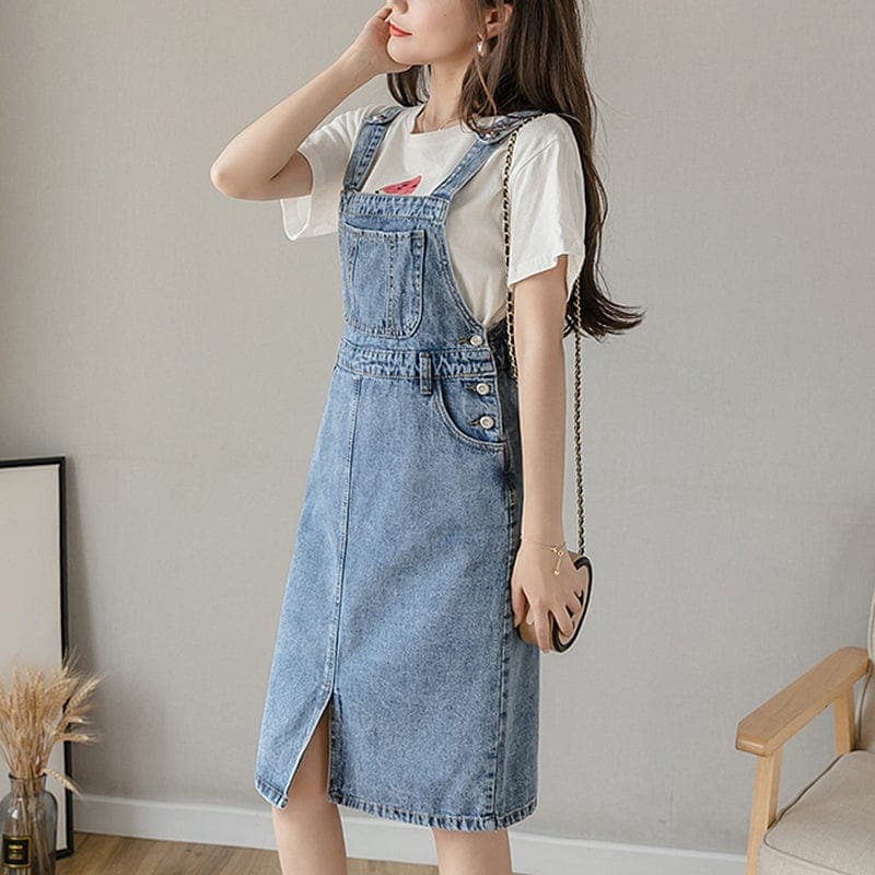 Preppy Knee-Length Denim Overall Dress Buddha Trends