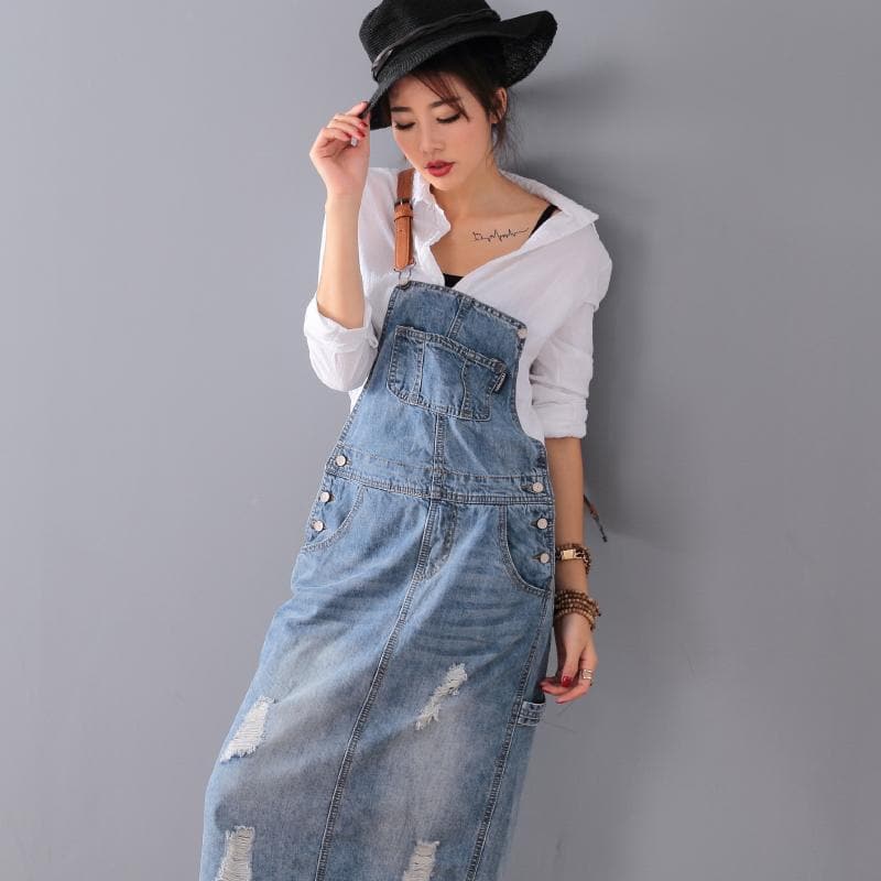 Ripped Denim Overall Dress Buddha Trends