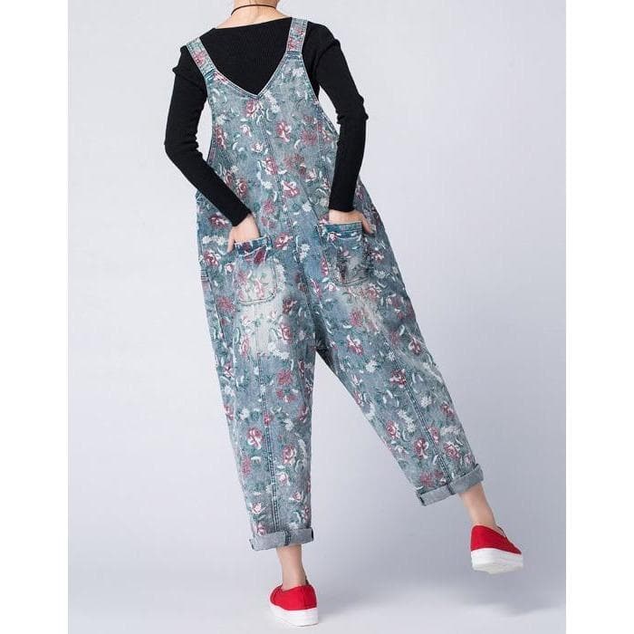 Oversized Denim Floral Print Overall Buddha Trends