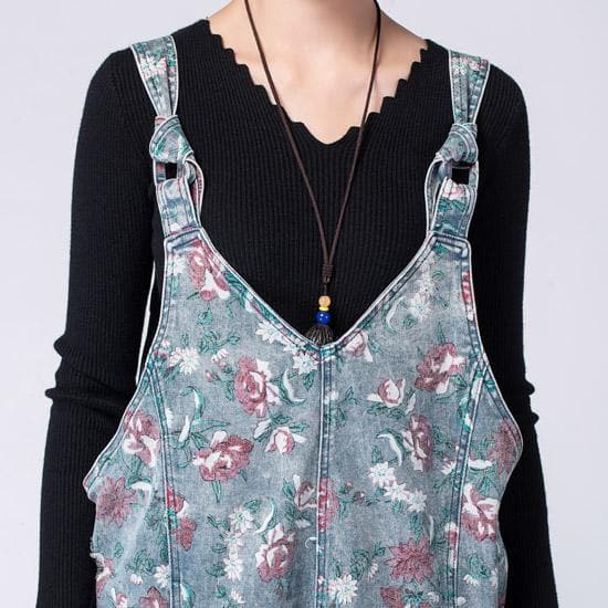 Oversized Denim Floral Print Overall Buddha Trends