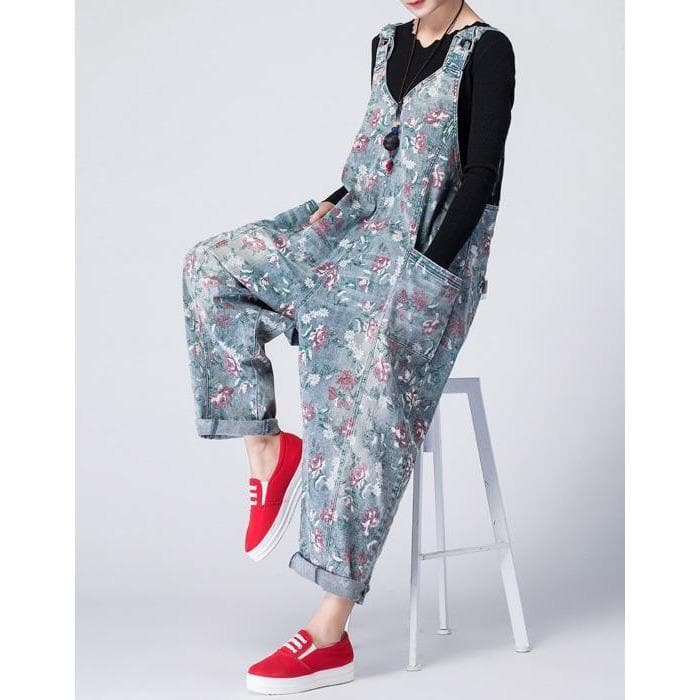 Oversized Denim Floral Print Overall Buddha Trends