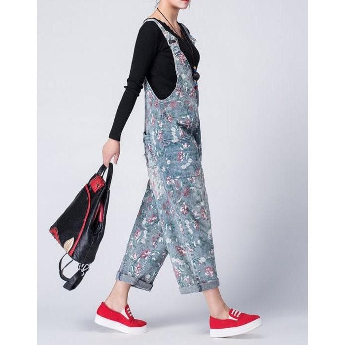 Oversized Denim Floral Print Overall Buddha Trends