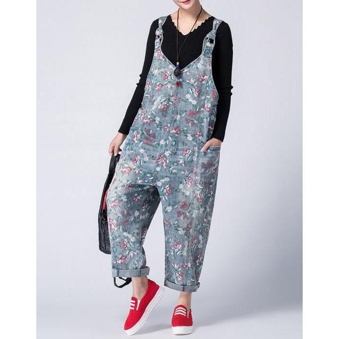Oversized Denim Floral Print Overall Buddha Trends