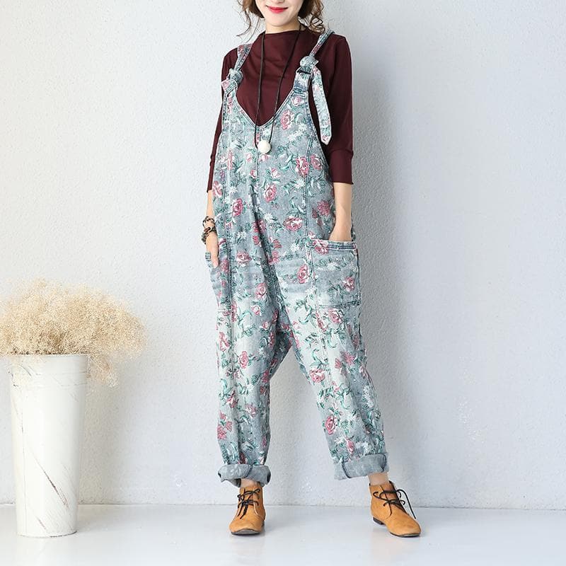 Oversized Denim Floral Print Overall Buddha Trends