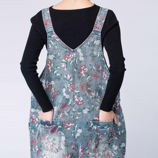 Oversized Denim Floral Print Overall Buddha Trends