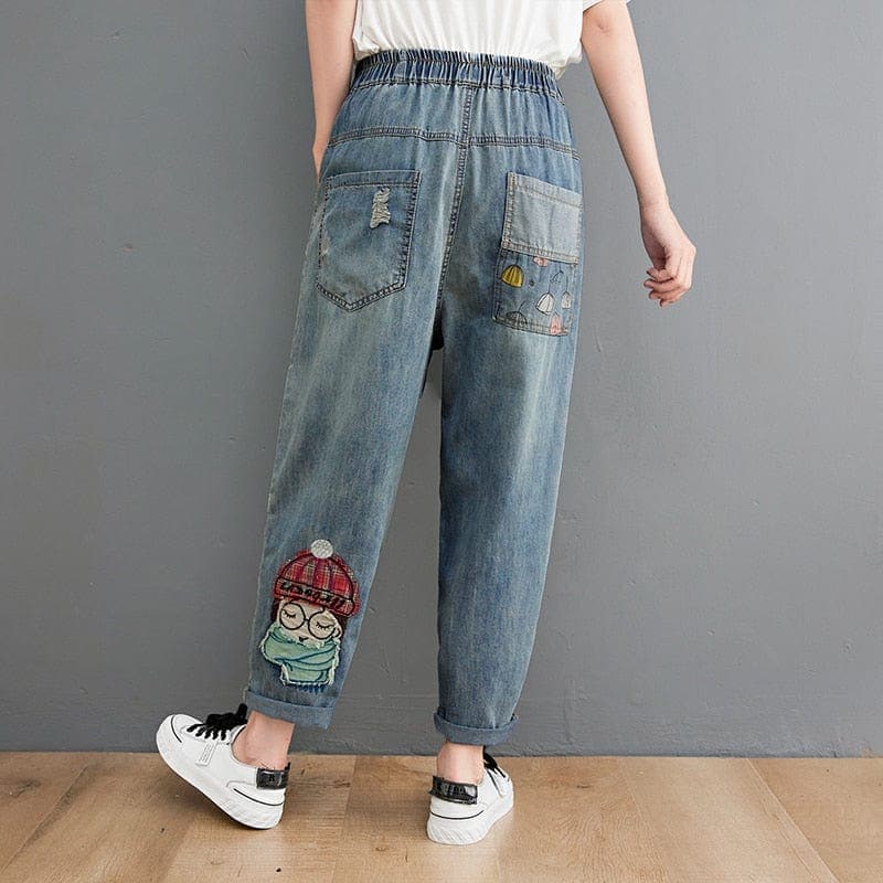 Cartoon Embroidered Patchwork Vintage Jeans dylinoshop