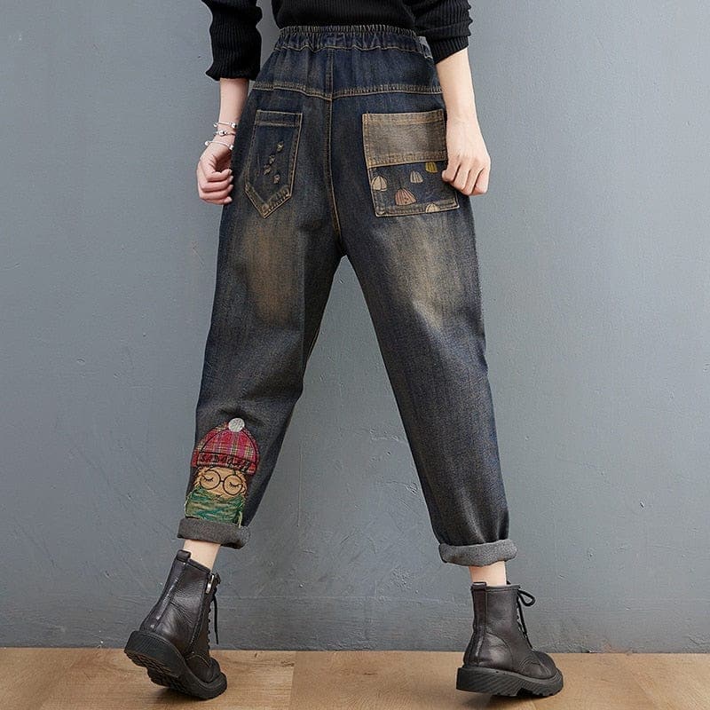 Cartoon Embroidered Patchwork Vintage Jeans dylinoshop