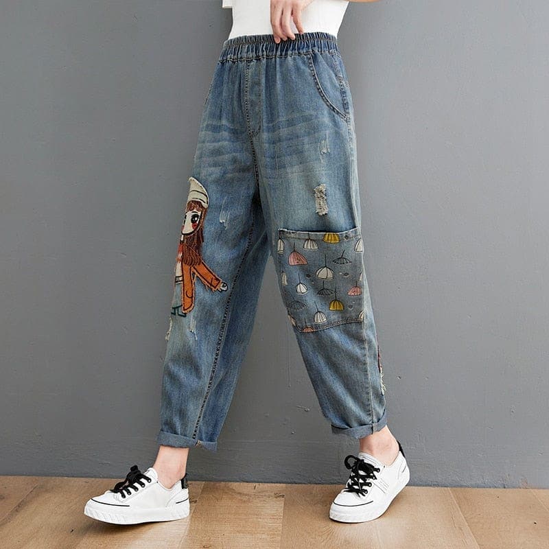 Cartoon Embroidered Patchwork Vintage Jeans dylinoshop