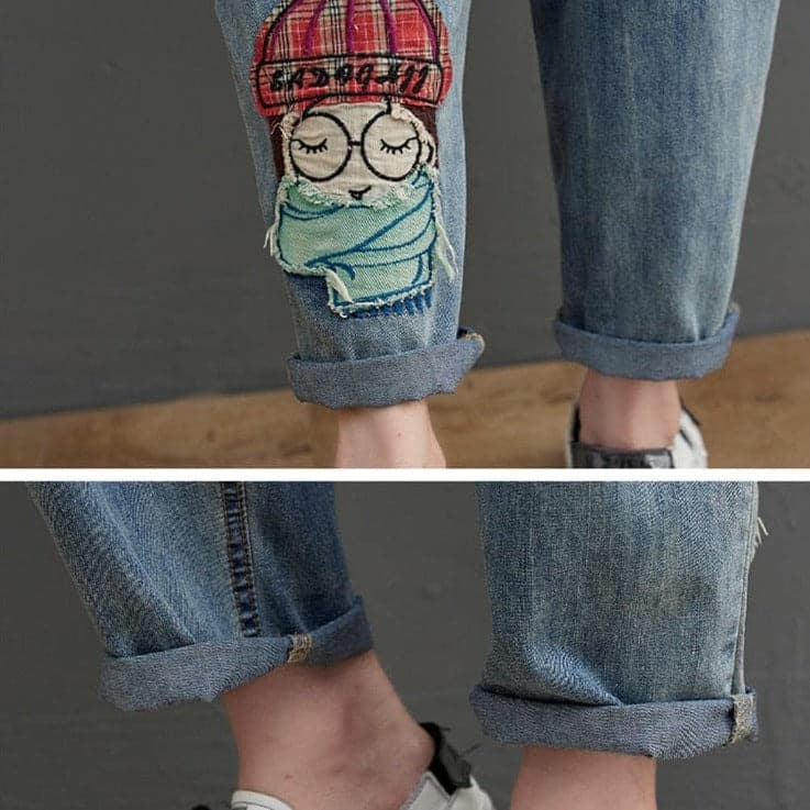 Cartoon Embroidered Patchwork Vintage Jeans dylinoshop
